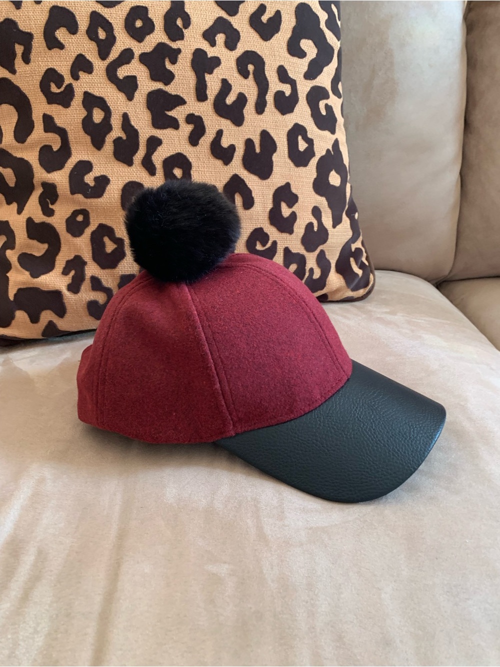 Women’s Burgundy Pom-Pom Hat with Black Visor NWOT!